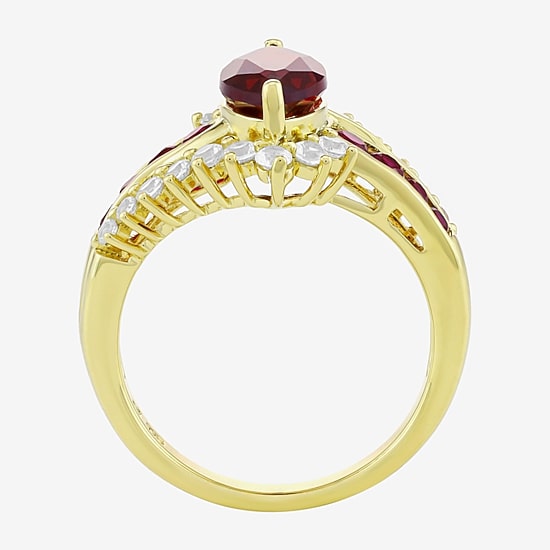 Womens Lab Created Red Ruby 14K Gold Over Silver Marquise Side Stone Cocktail Ring