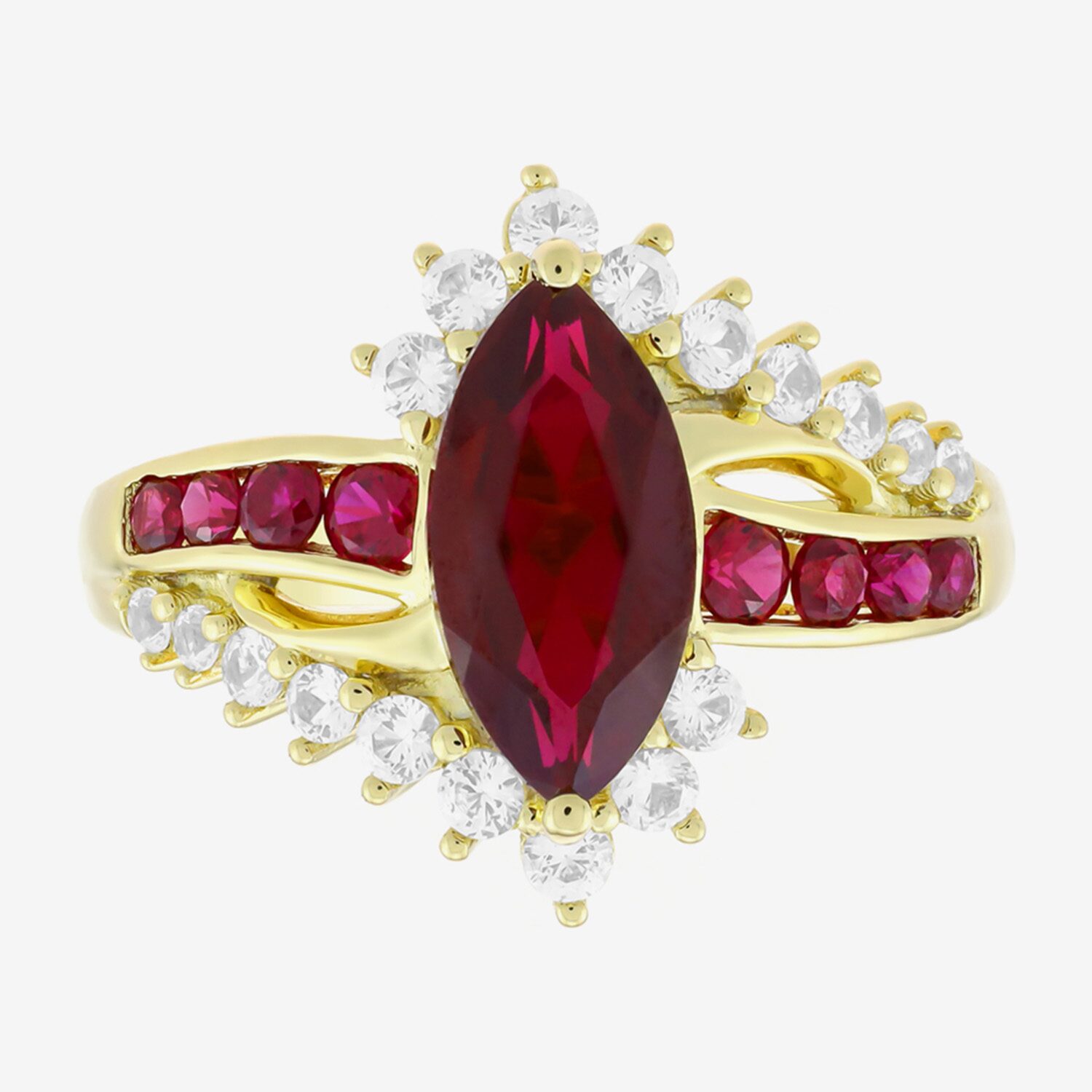 Womens Lab Created Red Ruby 14K Gold Over Silver Marquise Side Stone Cocktail Ring