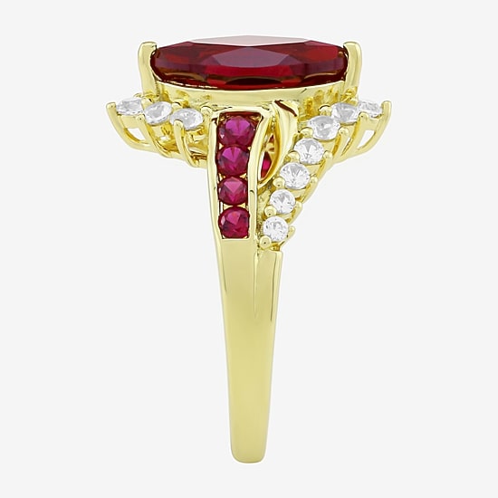 Womens Lab Created Red Ruby 14K Gold Over Silver Marquise Side Stone Cocktail Ring