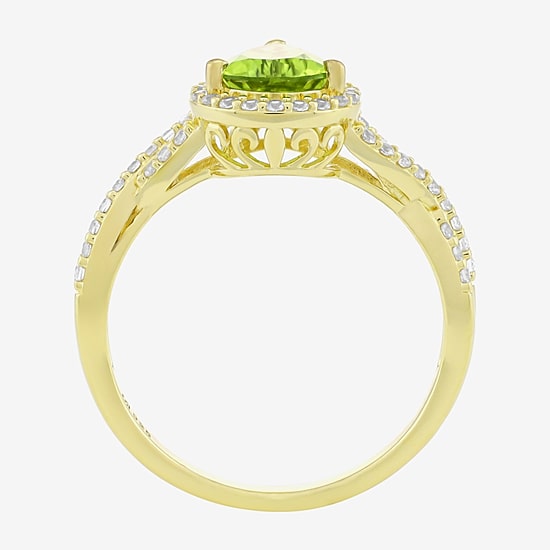 Womens Genuine Green Peridot 14K Gold Over Silver Pear Halo Side Stone Cocktail Ring