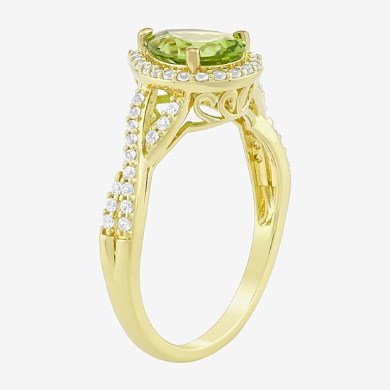 Womens Genuine Green Peridot 14K Gold Over Silver Pear Halo Side Stone Cocktail Ring