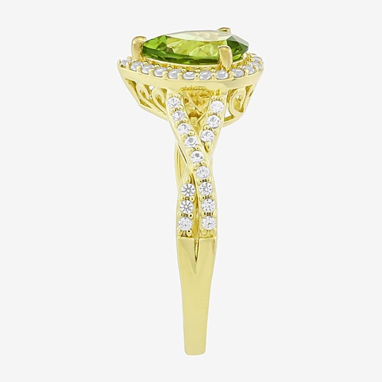 Womens Genuine Green Peridot 14K Gold Over Silver Pear Halo Side Stone Cocktail Ring