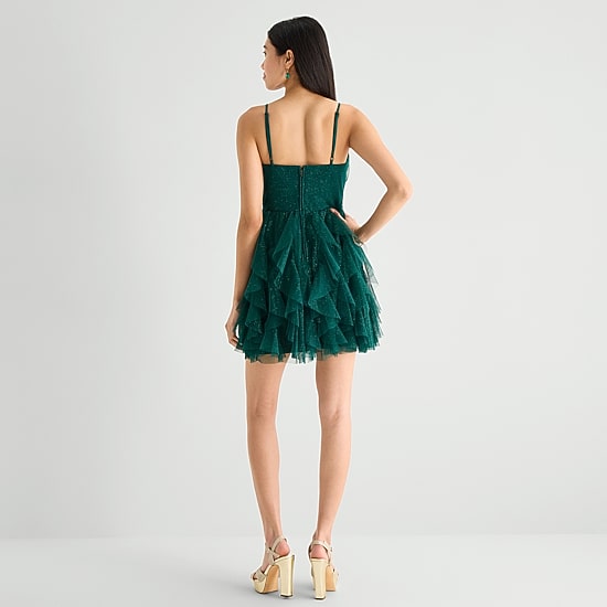 Radiante Couture Womens Juniors V Neck Sleeveless Applique Fit + Flare Dress