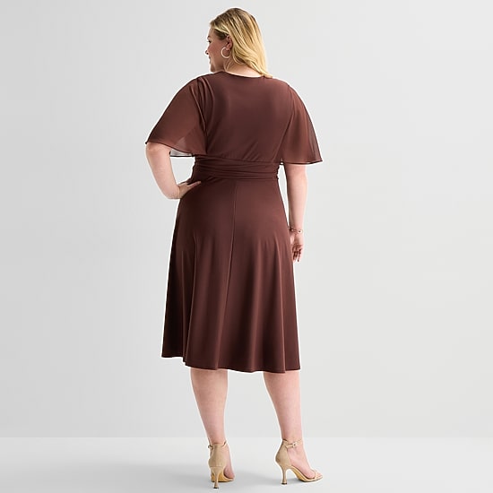 Perceptions Womens Plus Midi V Neck Short Sleeve Cape Fit + Flare Dress