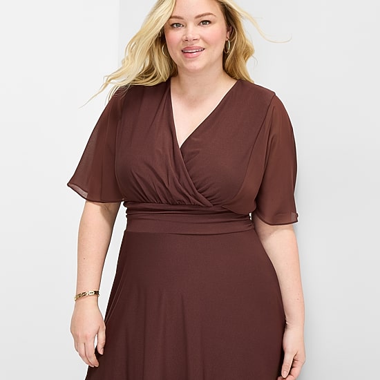 Perceptions Womens Plus Midi V Neck Short Sleeve Cape Fit + Flare Dress