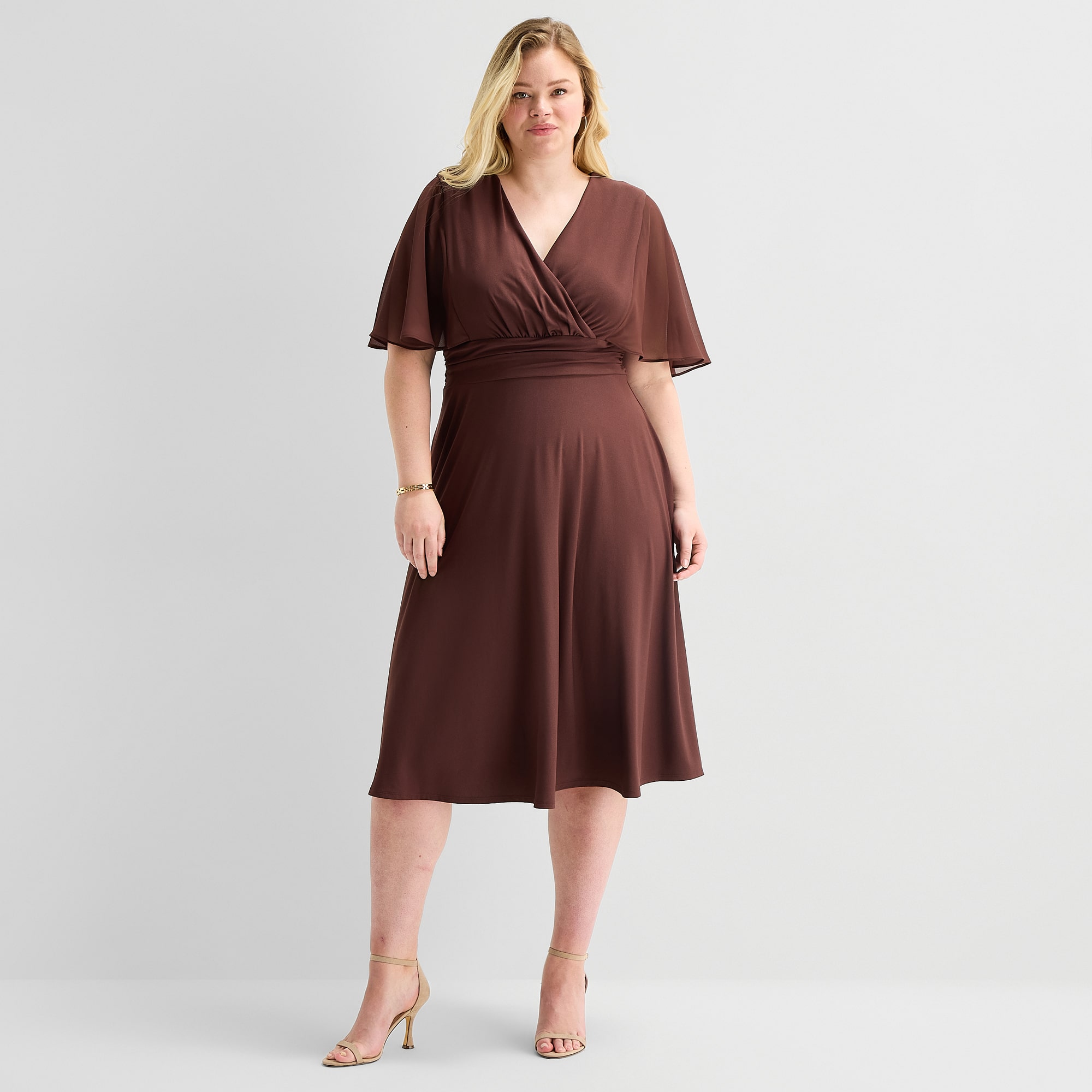 Perceptions Womens Plus Midi V Neck Short Sleeve Cape Fit + Flare Dress