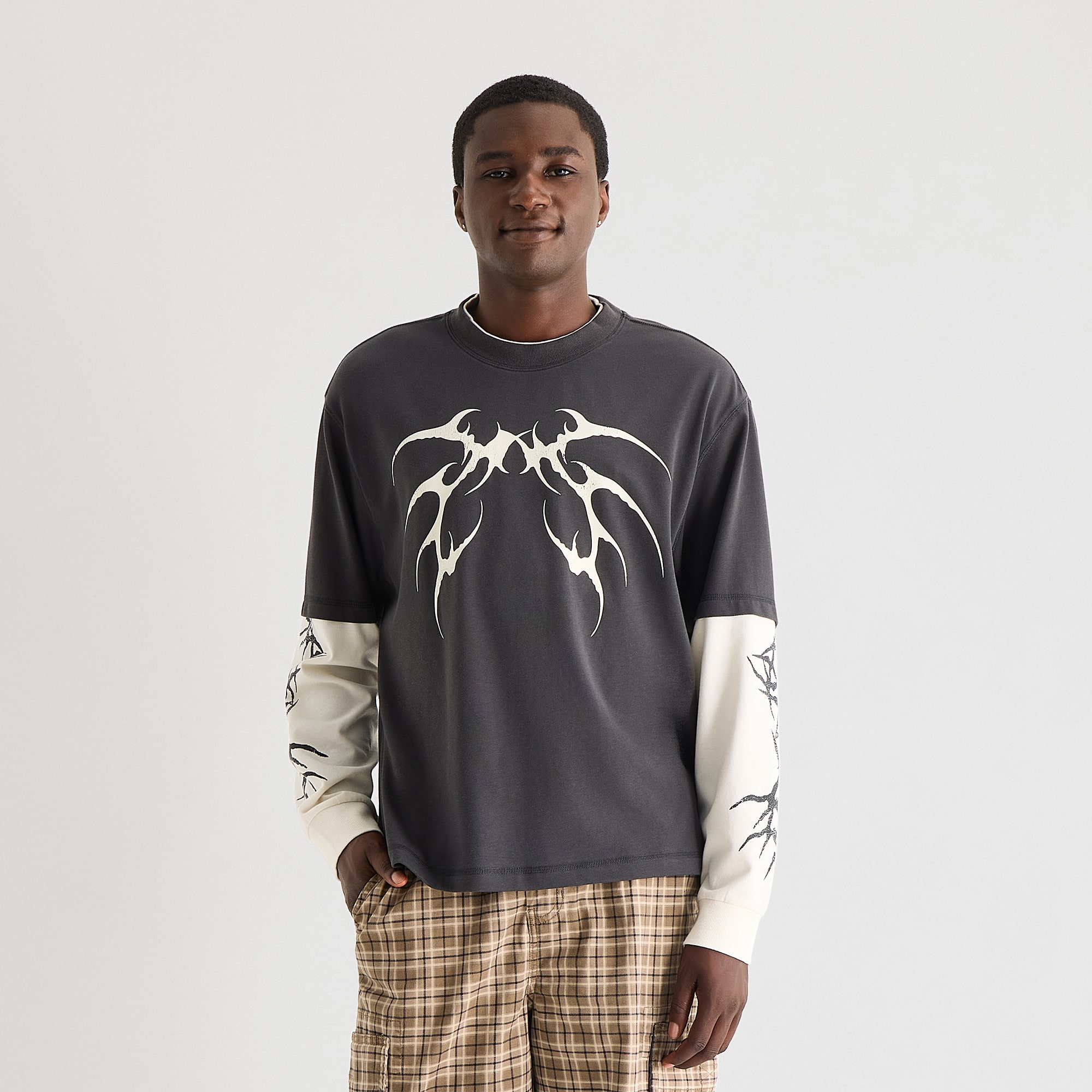 Arizona Mens Crew Neck Long Sleeve Twofer Graphic Shirt