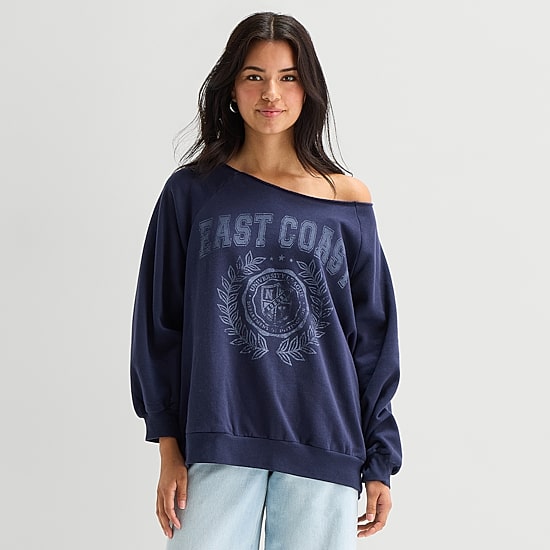 Arizona Womens Juniors Asymmetrical Neck Long Sleeve Sweatshirt