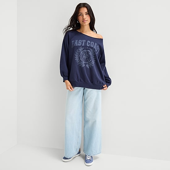 Arizona Womens Juniors Asymmetrical Neck Long Sleeve Sweatshirt