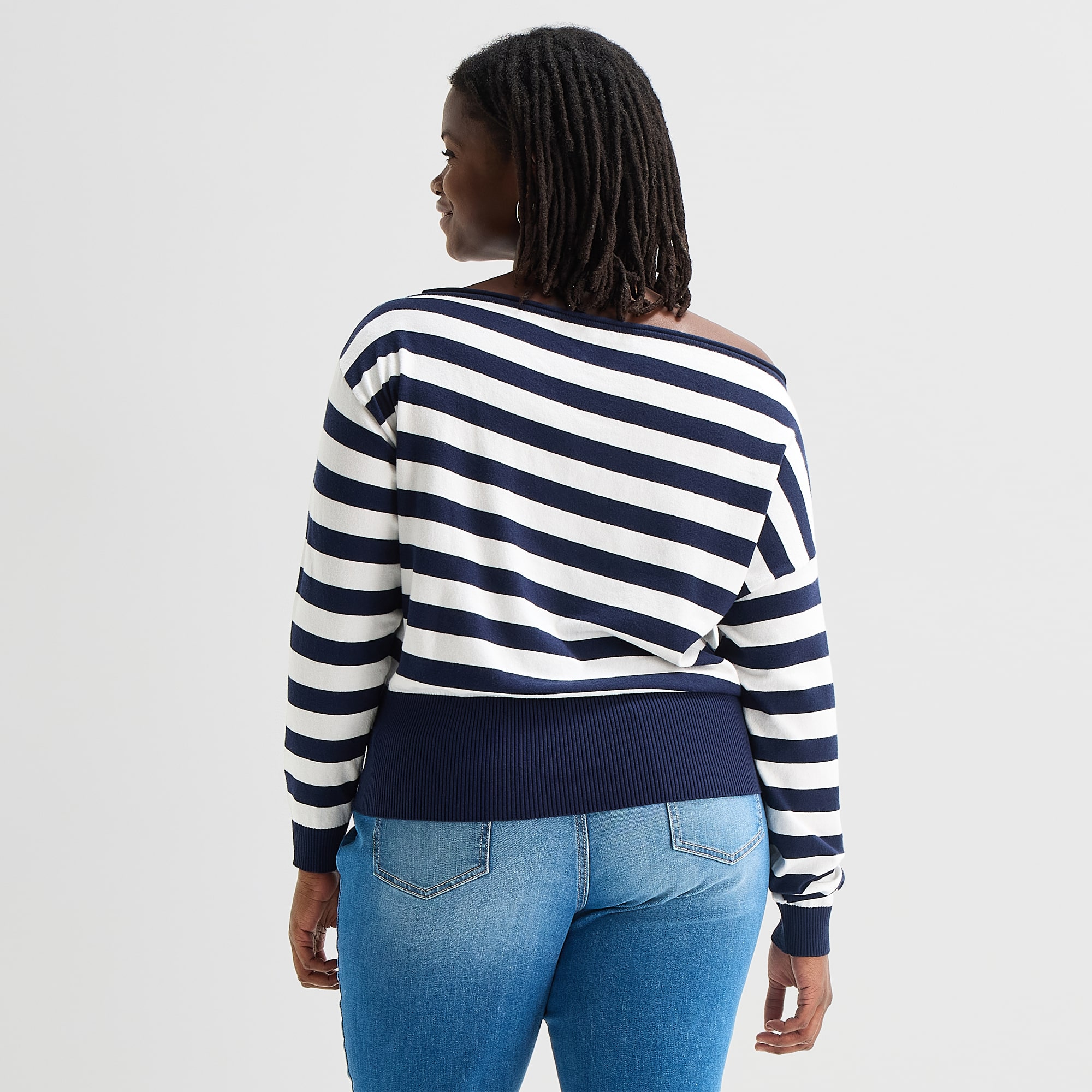 Forever 21 Juniors Plus Womens Asymmetrical Neck Long Sleeve Striped Pullover Sweater