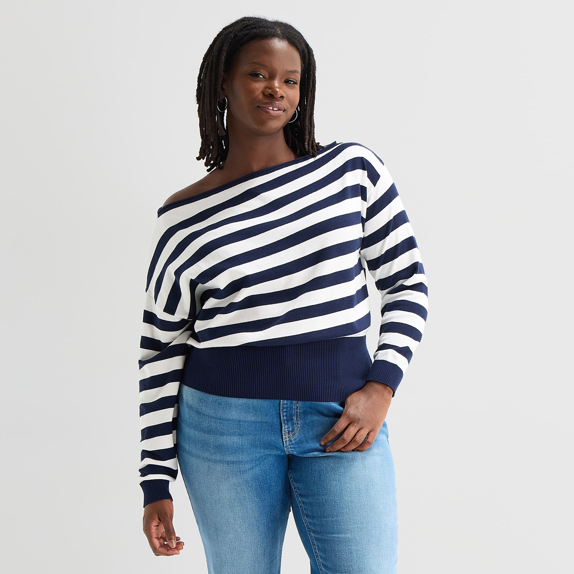 Forever 21 Juniors Plus Womens Asymmetrical Neck Long Sleeve Striped Pullover Sweater