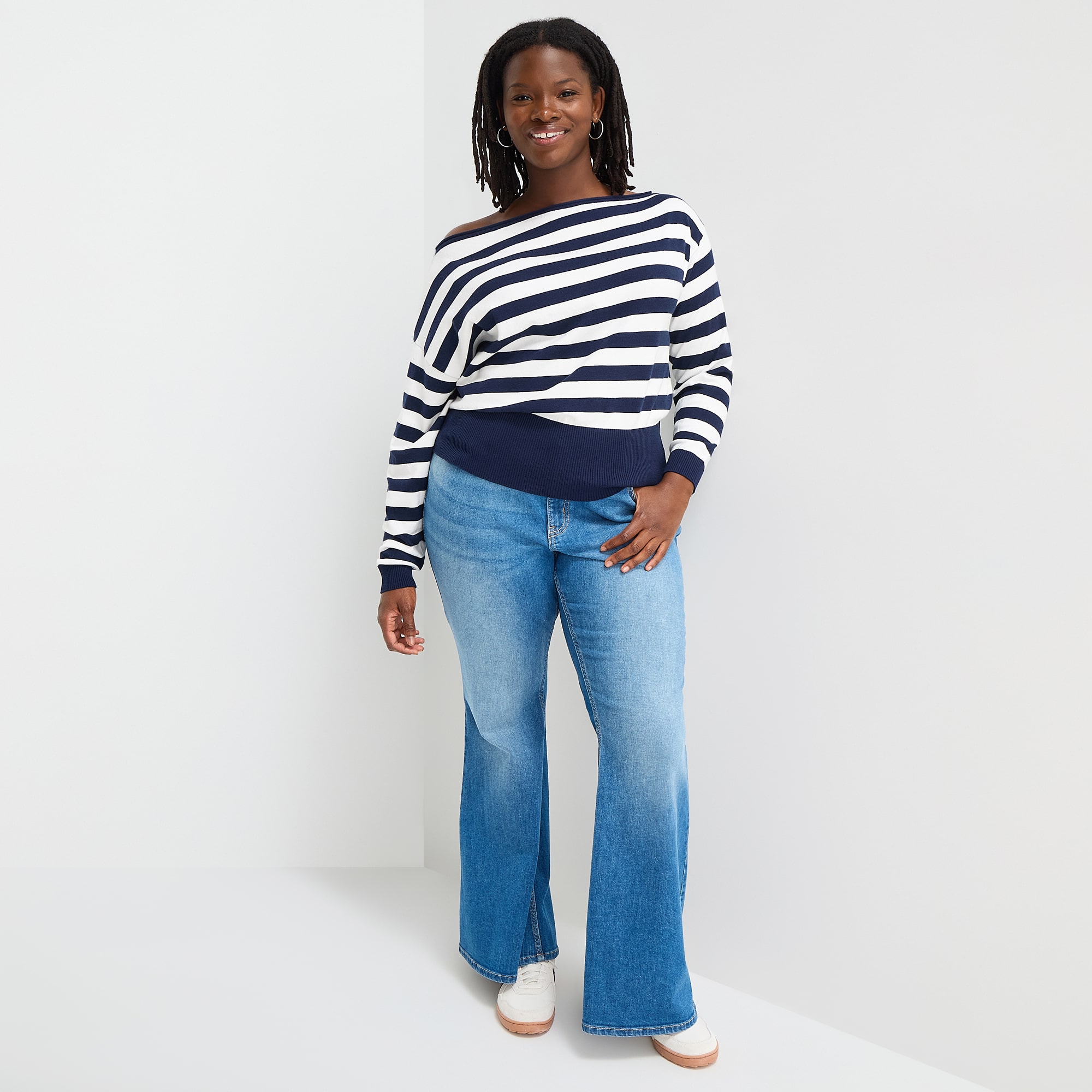 Forever 21 Juniors Plus Womens Asymmetrical Neck Long Sleeve Striped Pullover Sweater