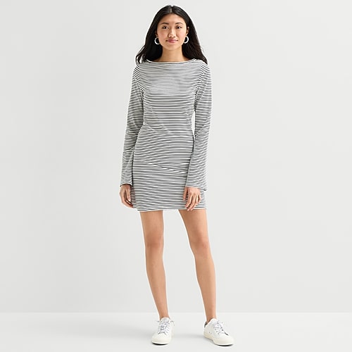 Forever 21 Womens Juniors Boat Neck Short Sleeve Bell Casual Striped Bodycon Dress In Gray