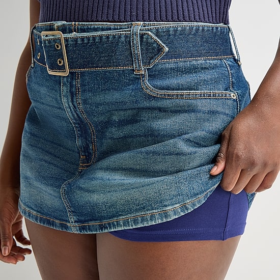 Arizona Belted Womens Juniors Plus Low Rise Mini Denim Skirt