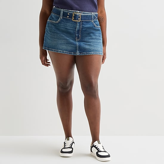 Arizona Belted Womens Juniors Plus Low Rise Mini Denim Skirt