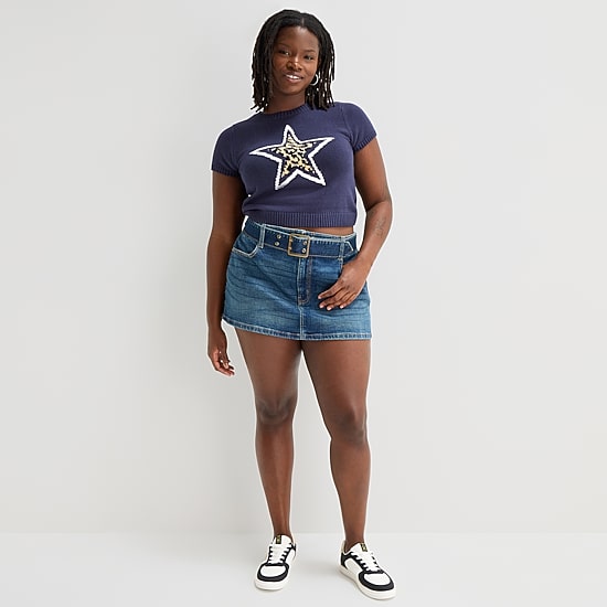 Arizona Belted Womens Juniors Plus Low Rise Mini Denim Skirt