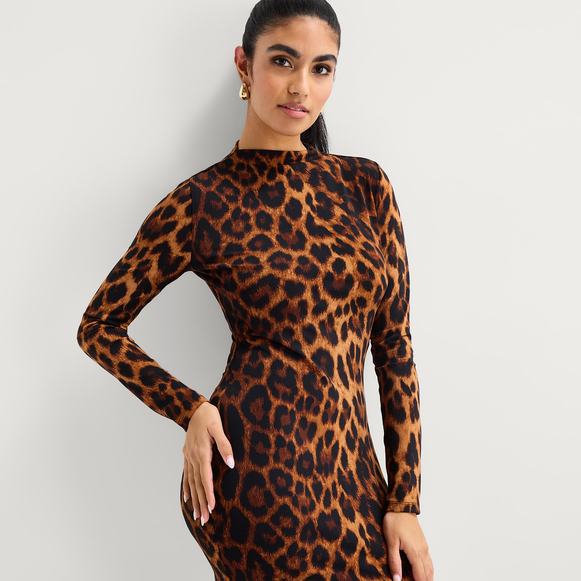 Bold Elements Womens Mock Neck Long Sleeve Fitted Leopard Bodycon Dress
