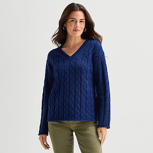 St. John's Bay Womens V Neck Long Sleeve Pullover Sweater In Blue