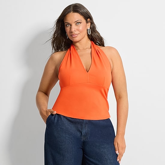 Ashley Graham Womens Plus Halter Neck Sleeveless Blouse