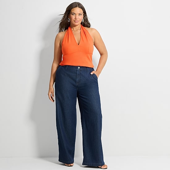 Ashley Graham Womens Plus Halter Neck Sleeveless Blouse
