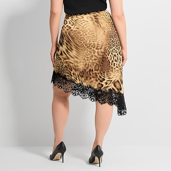 Ashley Graham Womens Plus Asymmetric Lace Trimmed Slip Skirt
