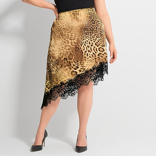 Ashley Graham Womens Plus Asymmetric Lace Trimmed Slip Skirt