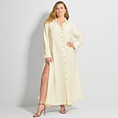 Ashley Graham Womens Plus Long Sleeve Button Front Maxi Shirt Dress