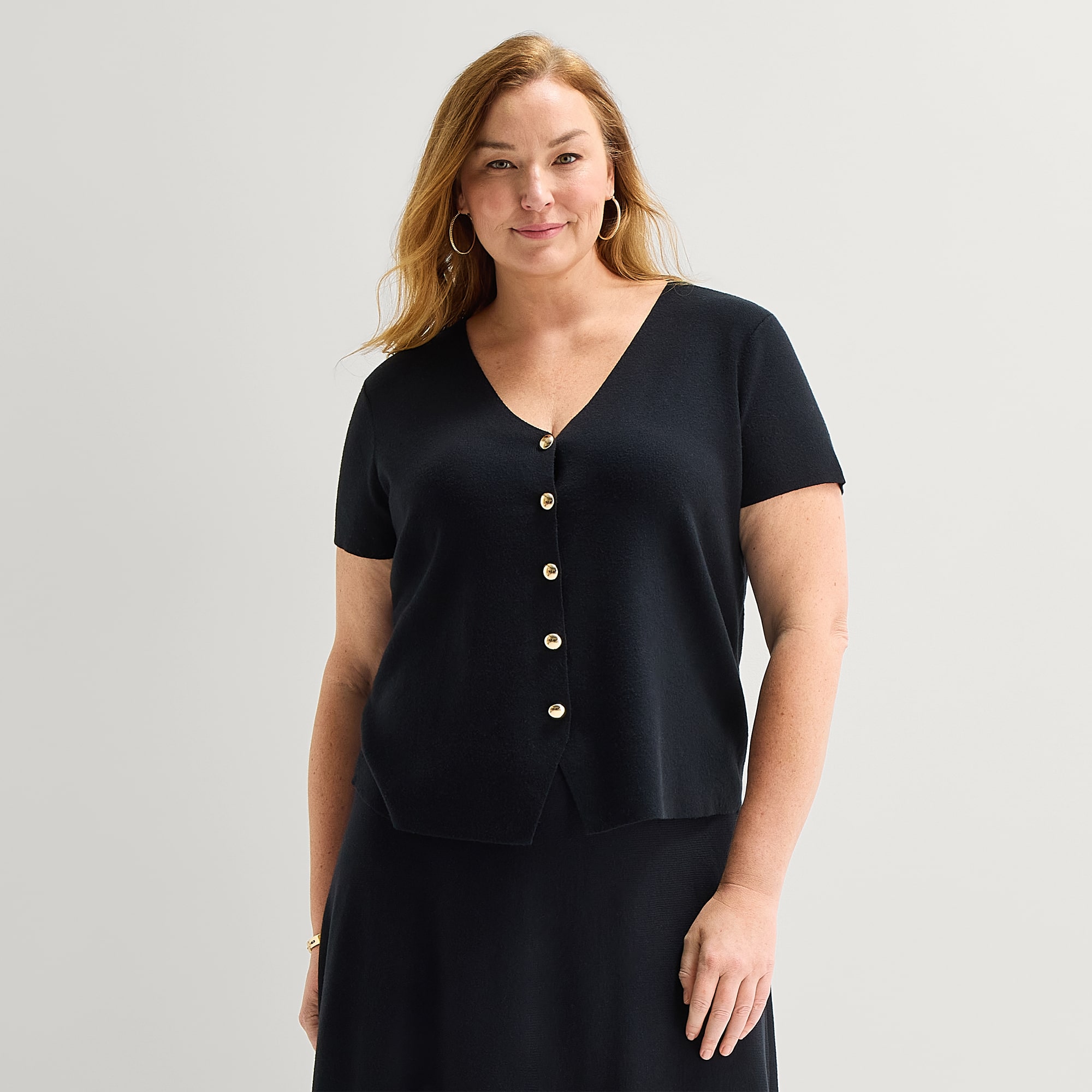 Liz Claiborne Womens Plus V Neck Short Sleeve Button Cardigan