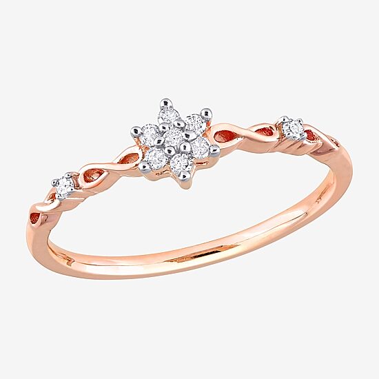 Womens 1/10 CT. T.W. Natural White Diamond 18K Rose Gold Over Silver Flower Delicate Stackable Ring