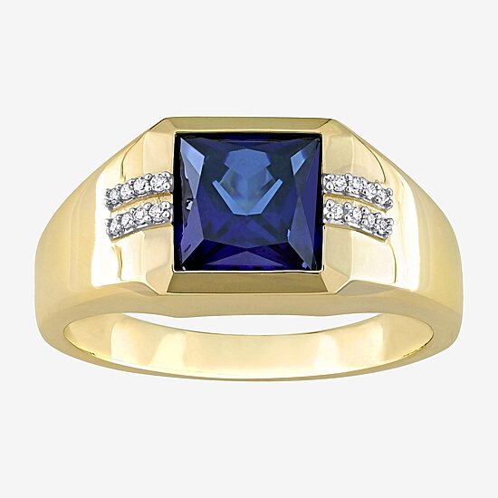 Mens Diamond Accent Lab Created Blue Sapphire 10K Gold Fashion Ring