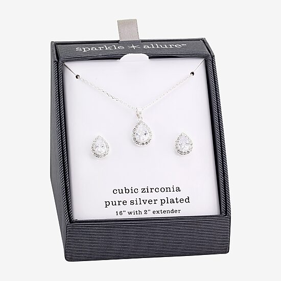 Sparkle Allure Halo Womens Cubic Zirconia Pure Silver Over Brass Pear 2-pc. Jewelry Set