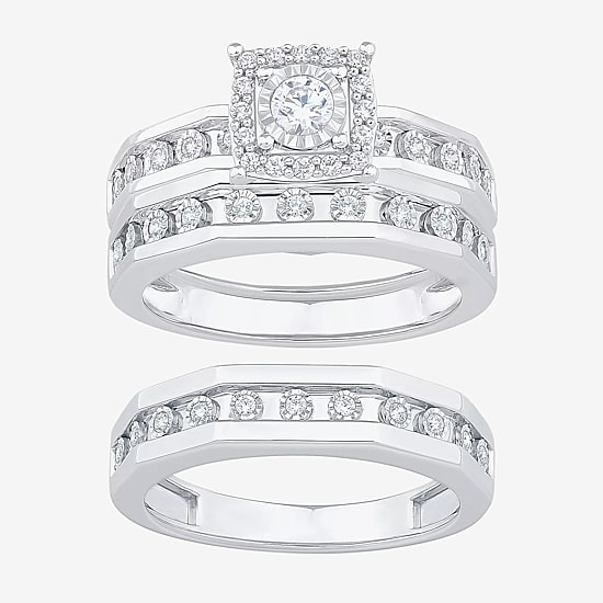 Unisex Adult 3/8 CT. T.W. Natural White Diamond 10K Gold Halo Side Stone Ring Set