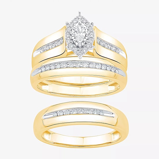 Unisex Adult 3/8 CT. T.W. Natural White Diamond 10K Gold Marquise Side Stone Halo Bridal Set