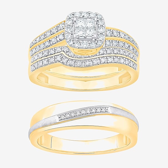 Unisex Adult 1/2 CT. T.W. Natural White Diamond 10K Two Tone Gold Side Stone Halo Bridal Set