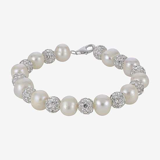 Womens White Cultured Freshwater Pearl Sterling Silver Beaded Bracelet