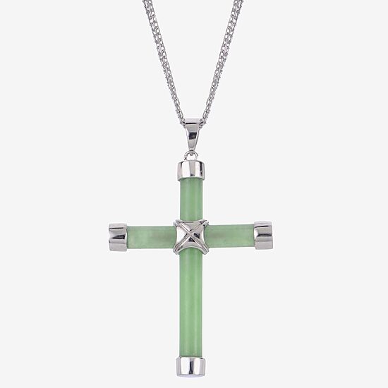 Womens Genuine Green Jade Sterling Silver Cross 18 Inch Pendant Necklace