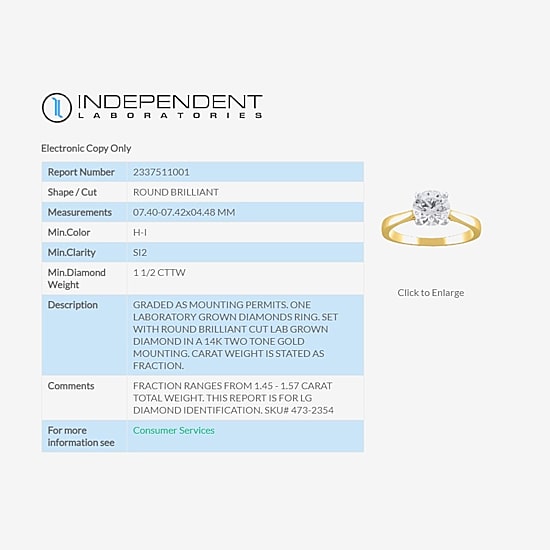 (H-I / Si2) Womens 1 1/2 CT. Lab Grown White Diamond 14K Gold Round Solitaire Engagement Ring