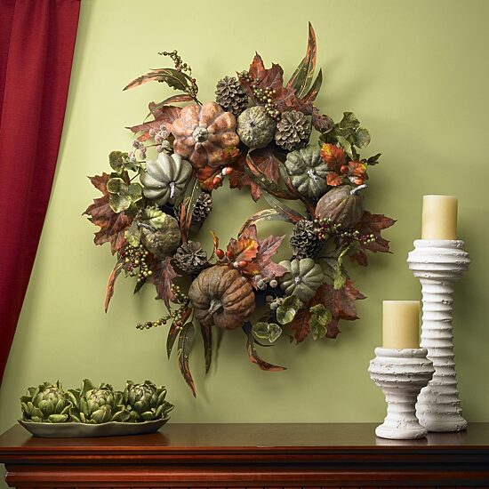 Nearly Natural 24in Orange Faux Pumpkin Wreath