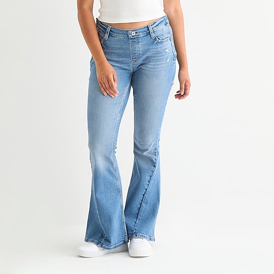 Arizona Y2k Womens Juniors Low Rise Adaptive Seated Wear Flare Leg Jean