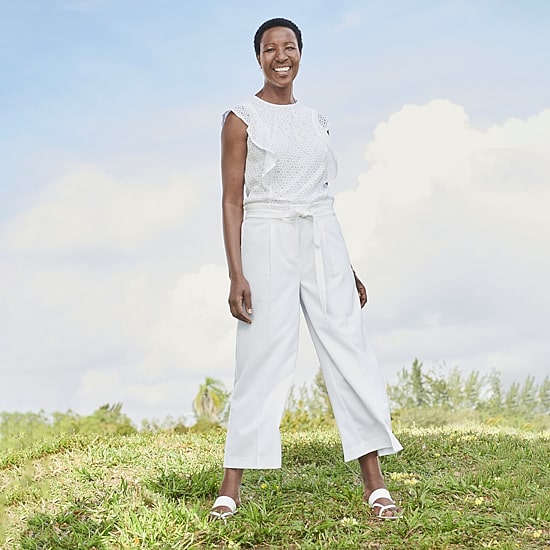 Liz Claiborne Flutter Eyelet Top, Paperbag-Waist Crop Pants & Sandals