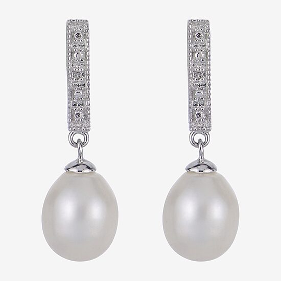 7.5-8Mm Cultured Freshwater Pearl And Diamond Accent Sterling Silver Earrings