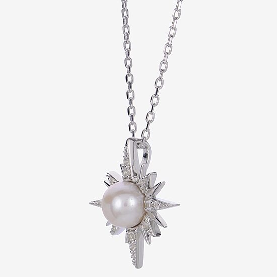 North Star Womens White Cultured Freshwater Pearl Sterling Silver Star 18 Inch Pendant Necklace