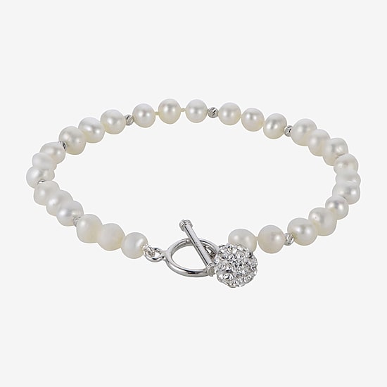 Womens White Cultured Freshwater Pearl Sterling Silver Beaded Bracelet