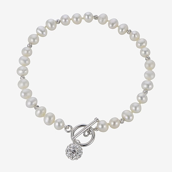 Womens White Cultured Freshwater Pearl Sterling Silver Beaded Bracelet