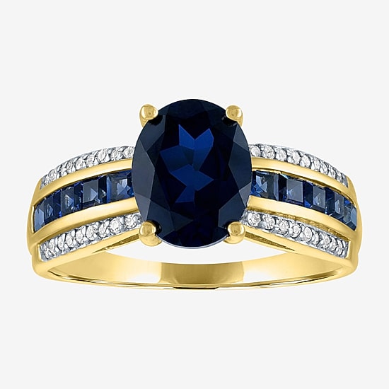 Womens Diamond Accent Gemstone 10K Gold Side Stone Oval Cocktail Ring