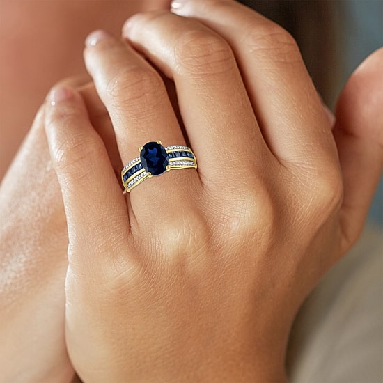 Womens Diamond Accent Gemstone 10K Gold Side Stone Oval Cocktail Ring