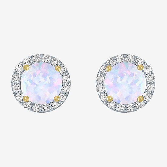 Diamond Accent Lab Created White Opal 10K Gold 9mm Round Stud Earrings