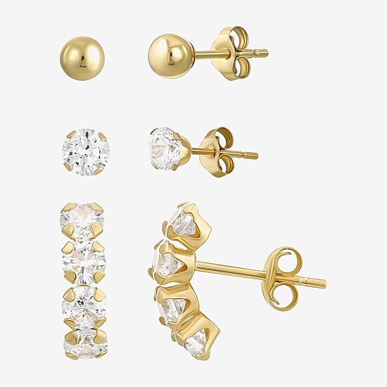 Womens Cubic Zirconia 10K Gold Round 3 Pair Earring Set