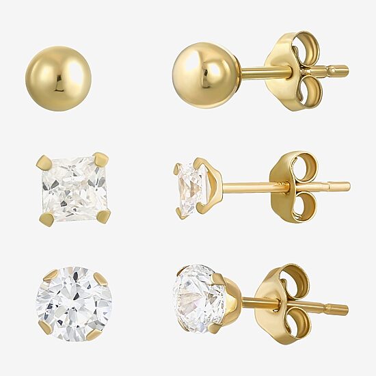 Womens Cubic Zirconia 14K Gold Ball Round 3 Pair Earring Set