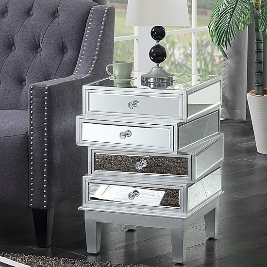 Convenience Concepts Gold Coast Living Room Collection Mirrored 4-Drawer End Table